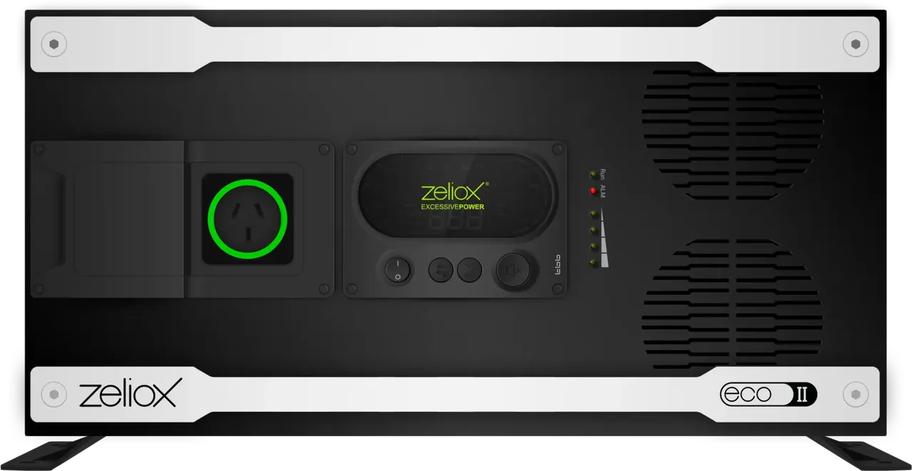Zeliox ECO II front panel, showing the AC outlet, control keypad and twin cooling vents