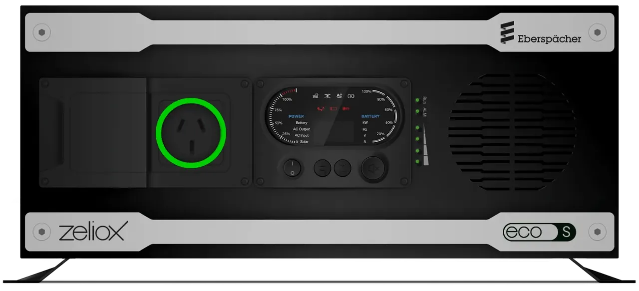 Zeliox ECO SLIM front panel, showing the AC outlet, power and battery gauge and cooling vent