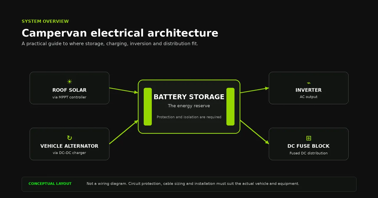 Conceptual campervan electrical system diagram showing roof solar, vehicle alternator, battery storage, inverter and fused DC distribution.